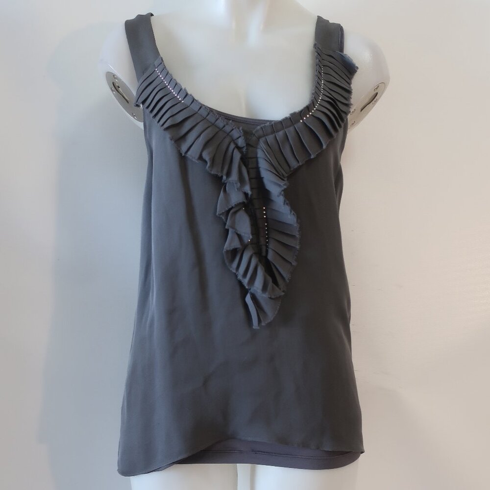 Womens Graham & Spencer 100% Silk Gray Silver Beaded Stone & Pleat Tank S​